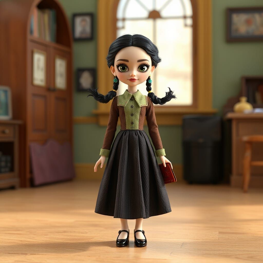 Wednesday Addams-Inspired Doll in Pixar Animation Style