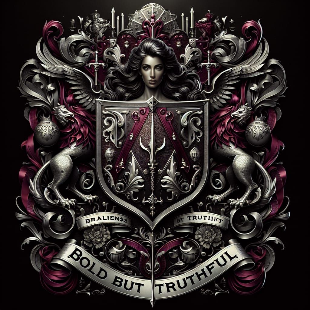 Burgundy and Silver Coat of Arms with Brunette Lady