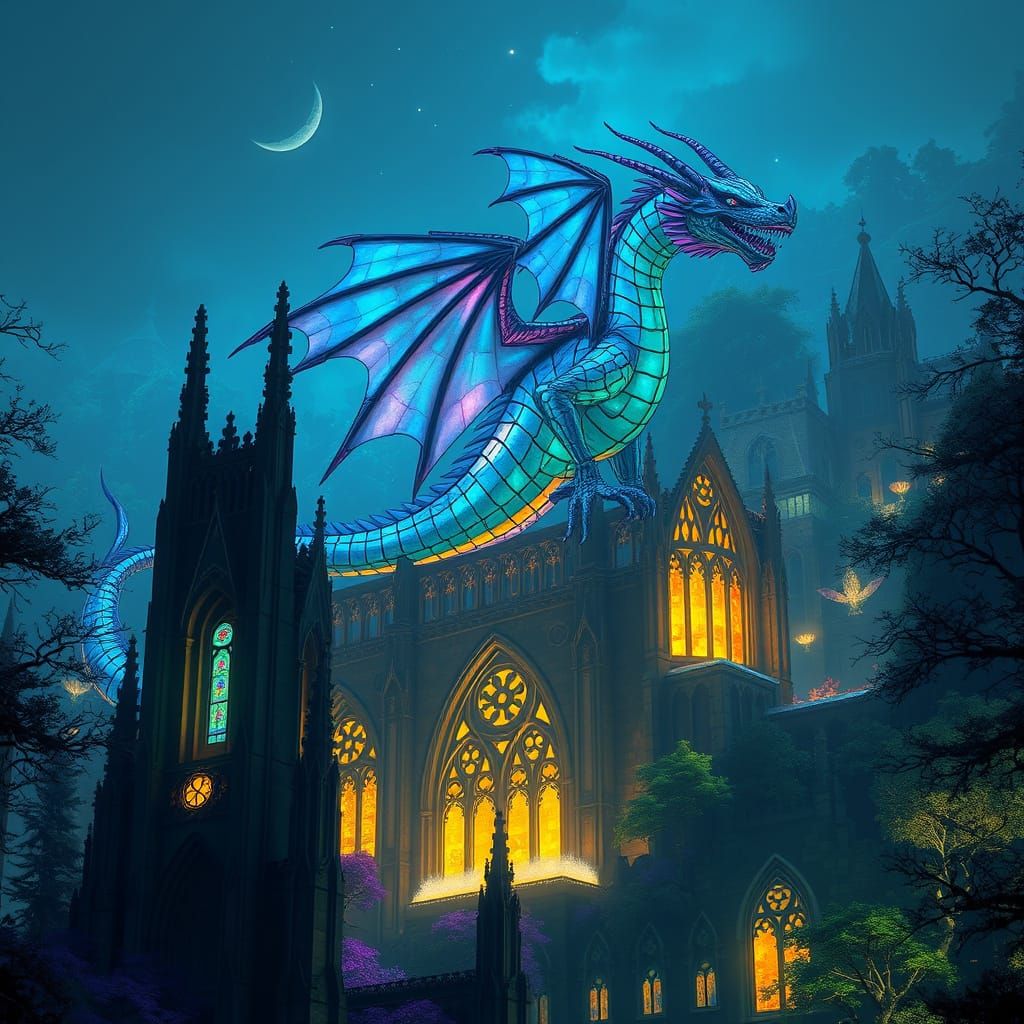 Bioluminescent Dragon atop Gothic Cathedral: Fantasy Art