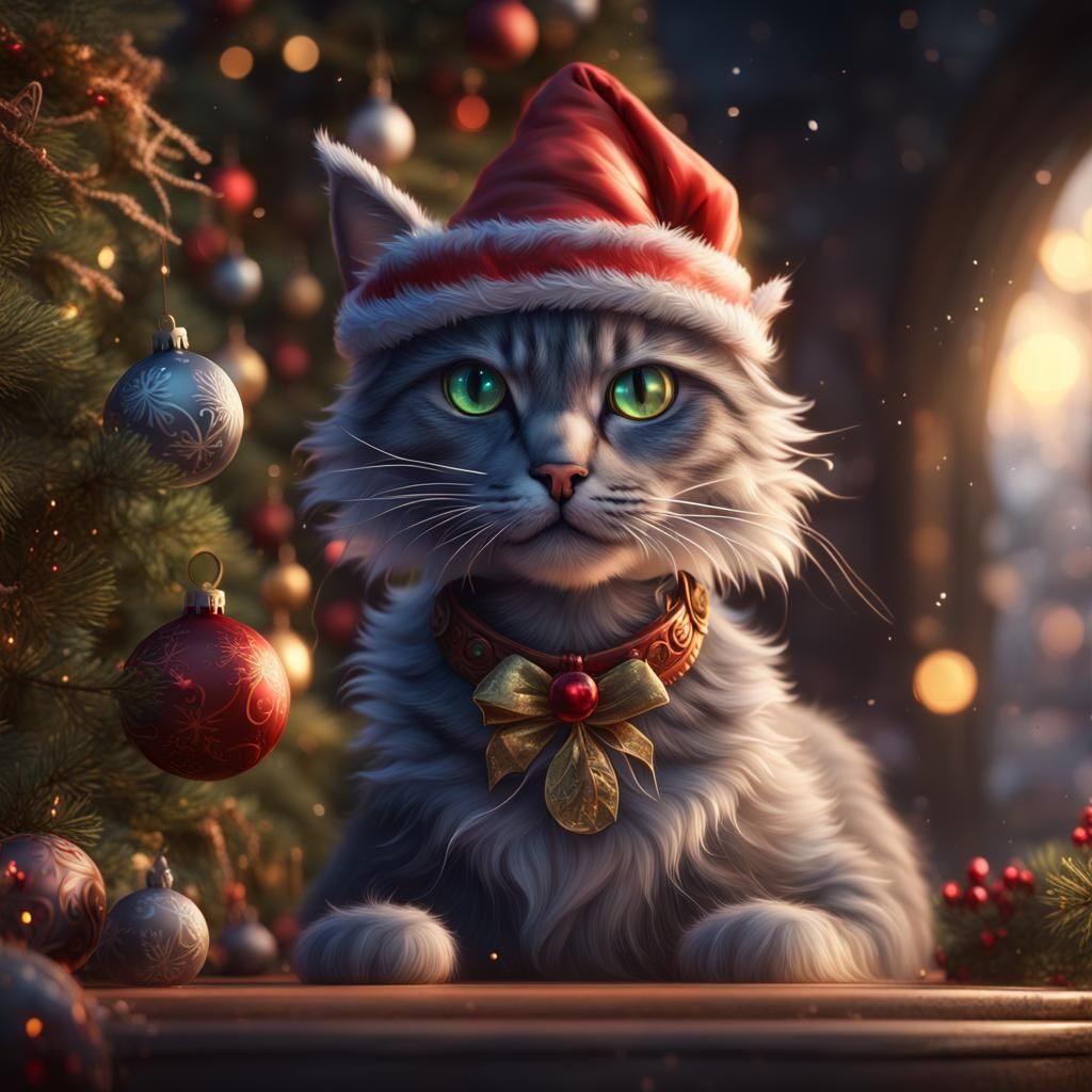 Fantastical Christmas Cat in Detailed Matte Painting