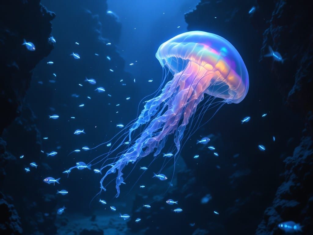 Ethereal Bioluminescent Jellyfish in Deep-Sea Trench