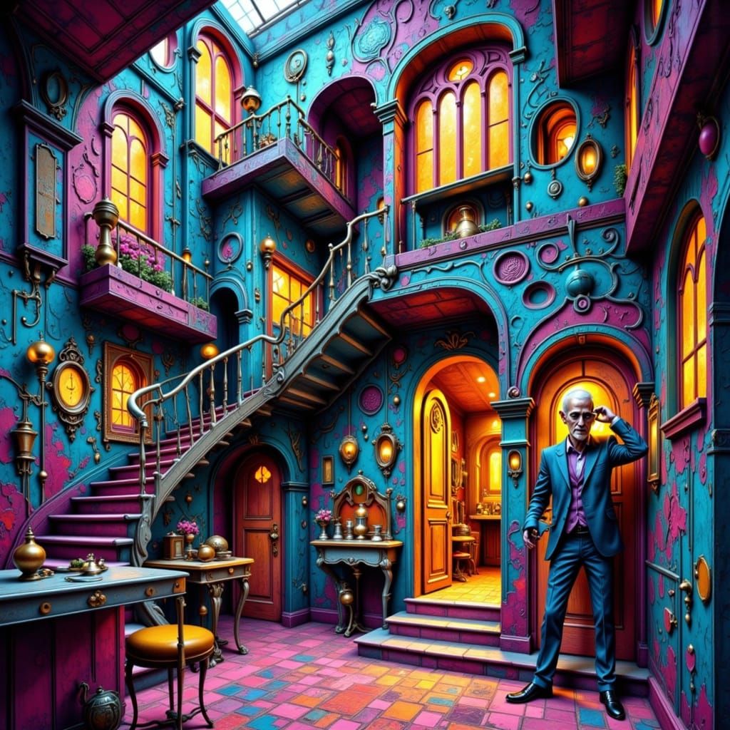 Abstract House with Melting Man in Anime Style