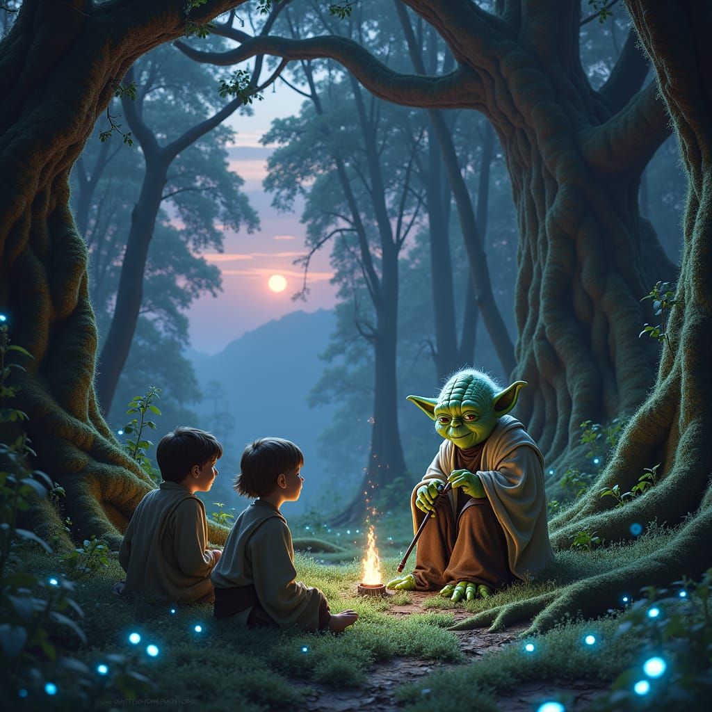 Yoda Teaching Young Jedi in Ancient Forest