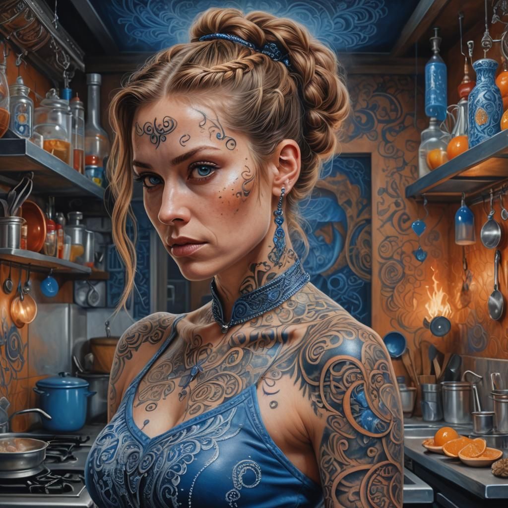 Mystical Tattooed Woman in Fantasy Kitchen