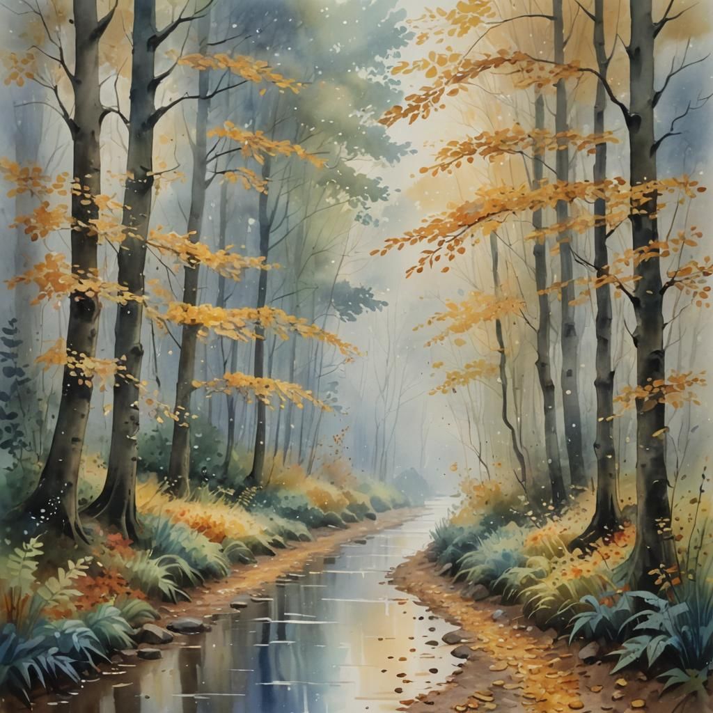 Autumn Rain on Forest Path: Watercolor Landscape