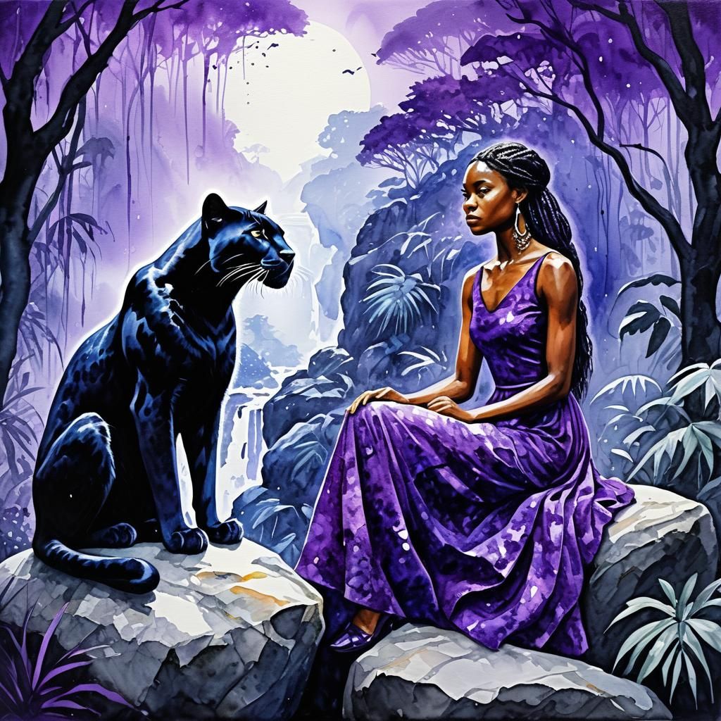 Purple Panther Fantasy: Watercolor and Oil Painting