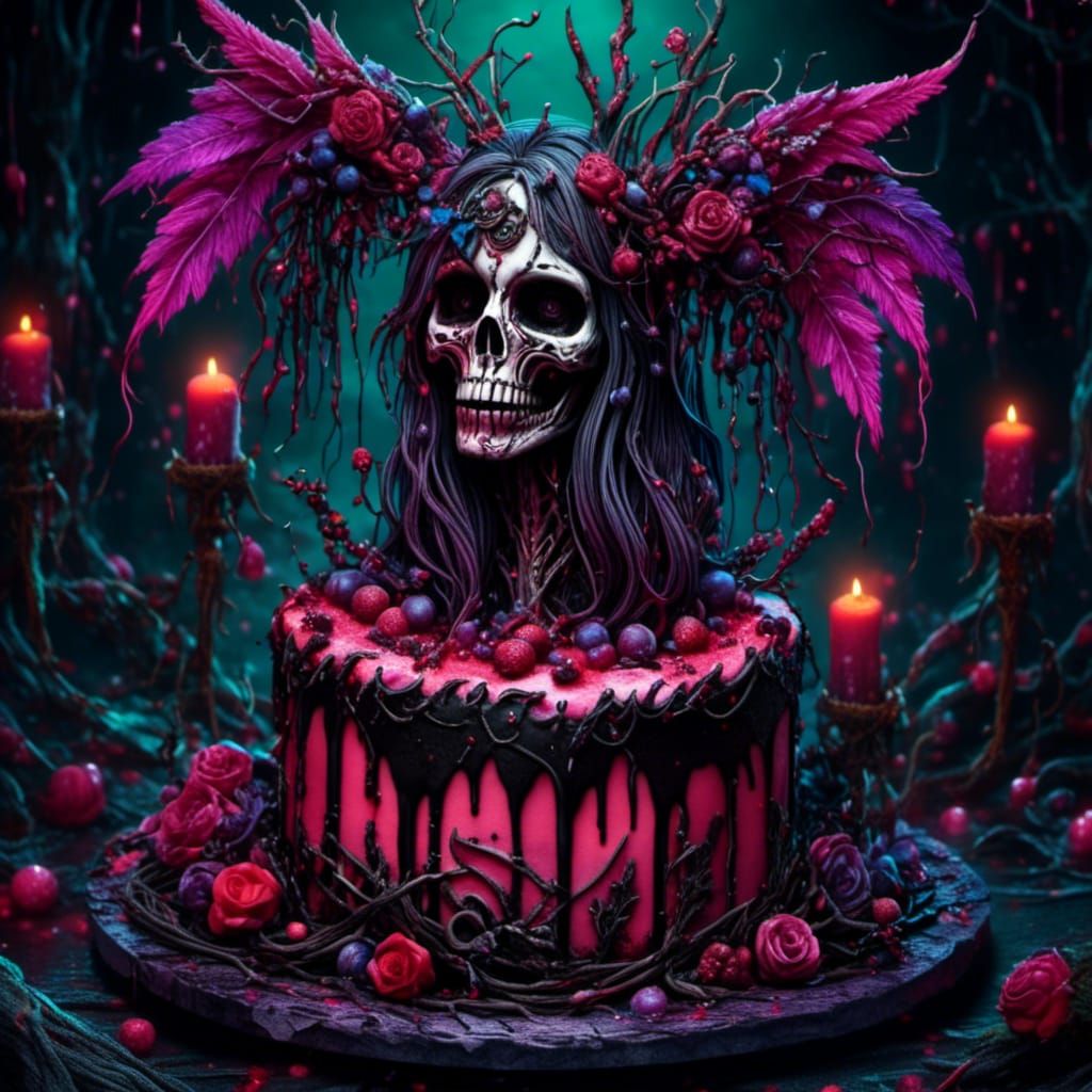 Eerie Gothic Birthday Cake Creature in Eldritchcore Style