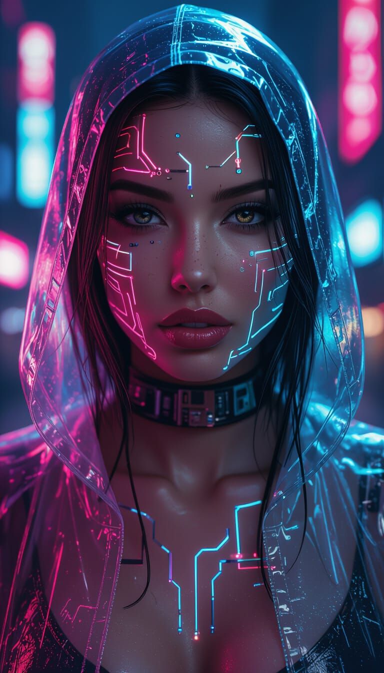 Cyberpunk Priestess with Neon Reflection