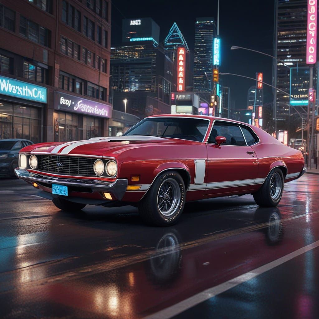 Red Sci-Fi Gran Torino in Neon Cyberpunk Cityscape