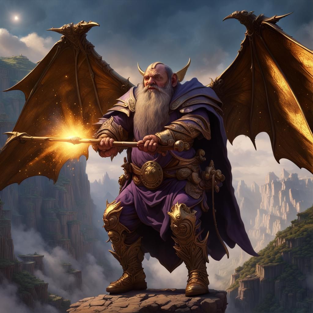 Winged Dwarf Soaring Above Canyon in Dark Fantasy Art