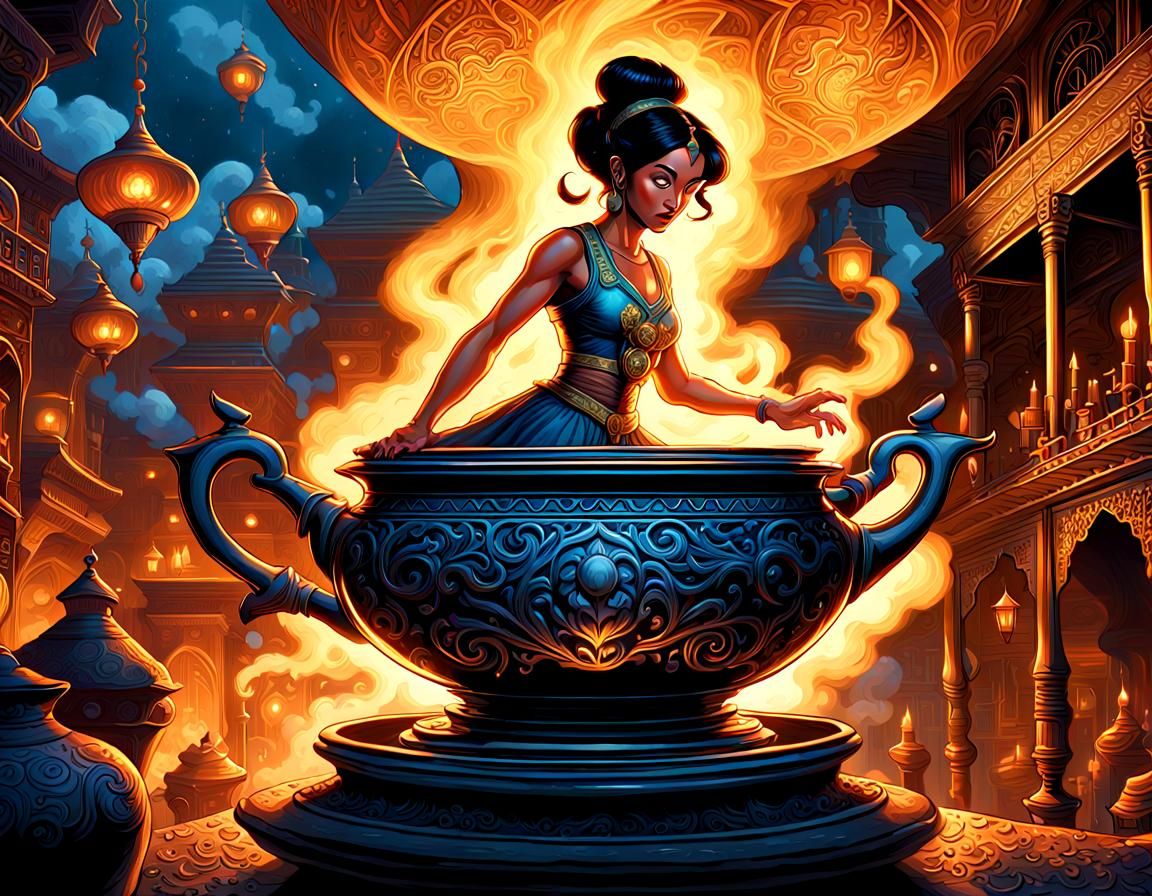 Aladdin's Lamp, Jeanie Coming Out of the Lamp with Smoke