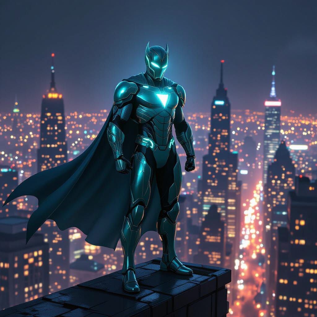Aquamarine Armored Hero on Rooftop at Night