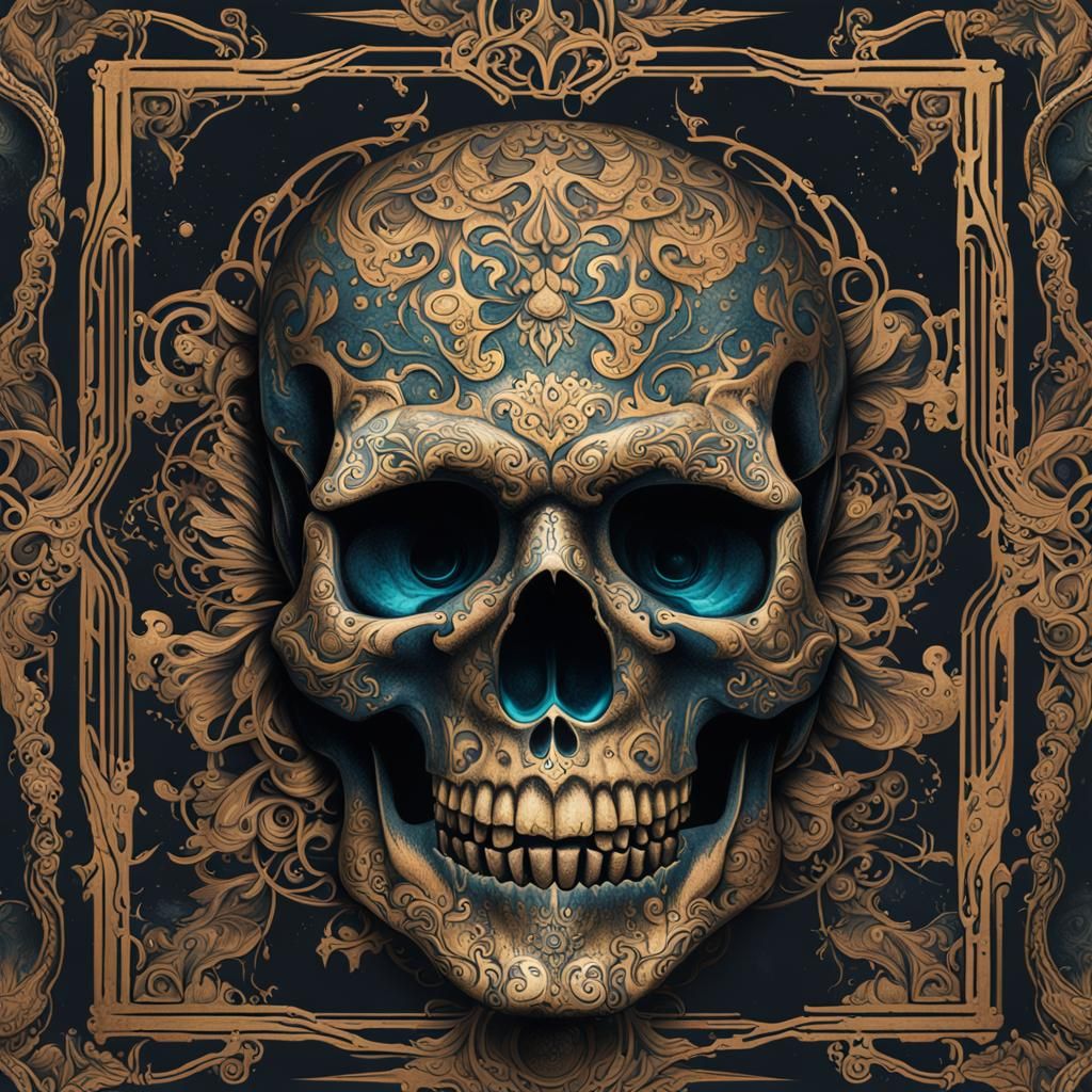 Detailed Skull Tattoo Stencil in Matte Painting Style