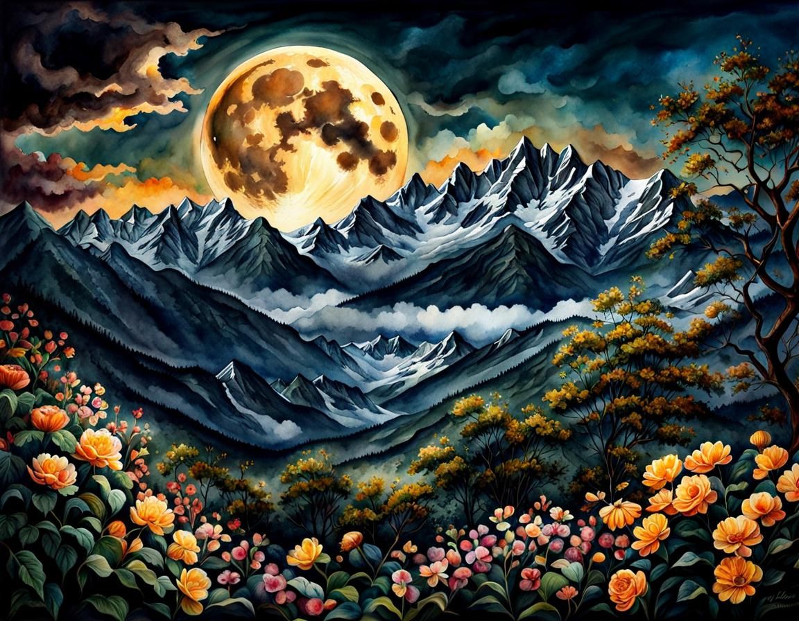 Glowing Moon Over Mountain Landscape in Watercolor