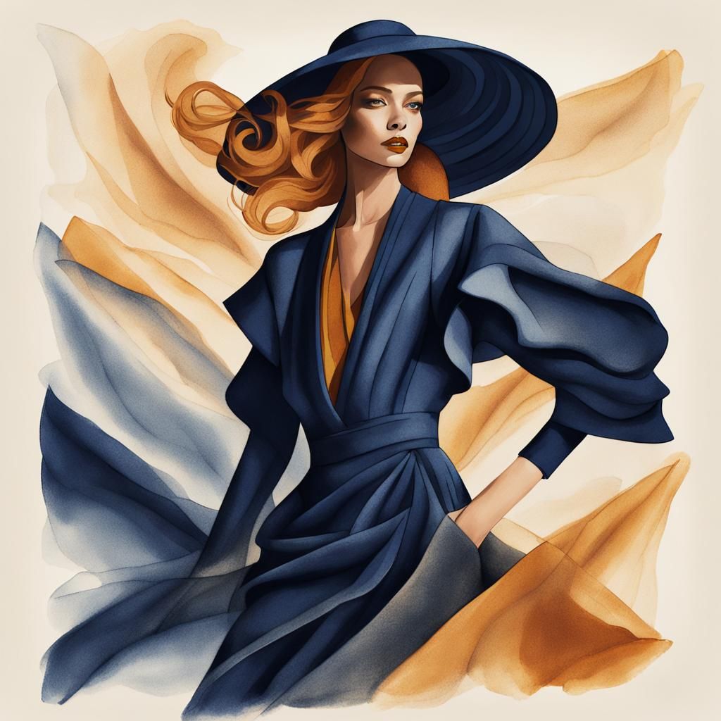 Elegant Fashion Illustration in Amber and Navy