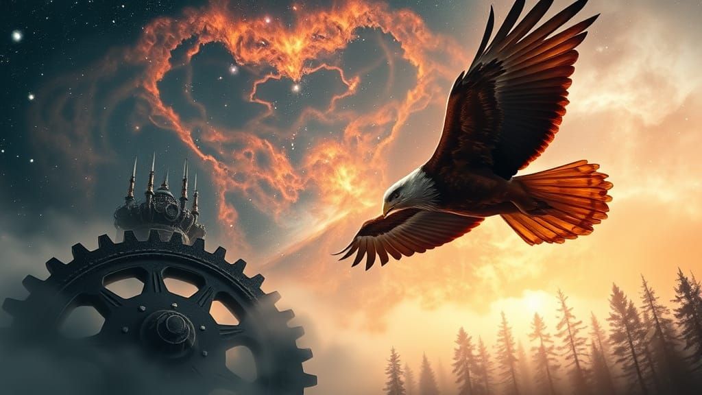 Majestic Eagle Soars Through Cosmic Nebulae Over Ancient Gea...
