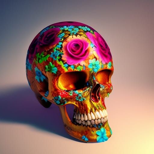 Ornate Jeweled Mouse Skull with Orchids, Hyperrealistic