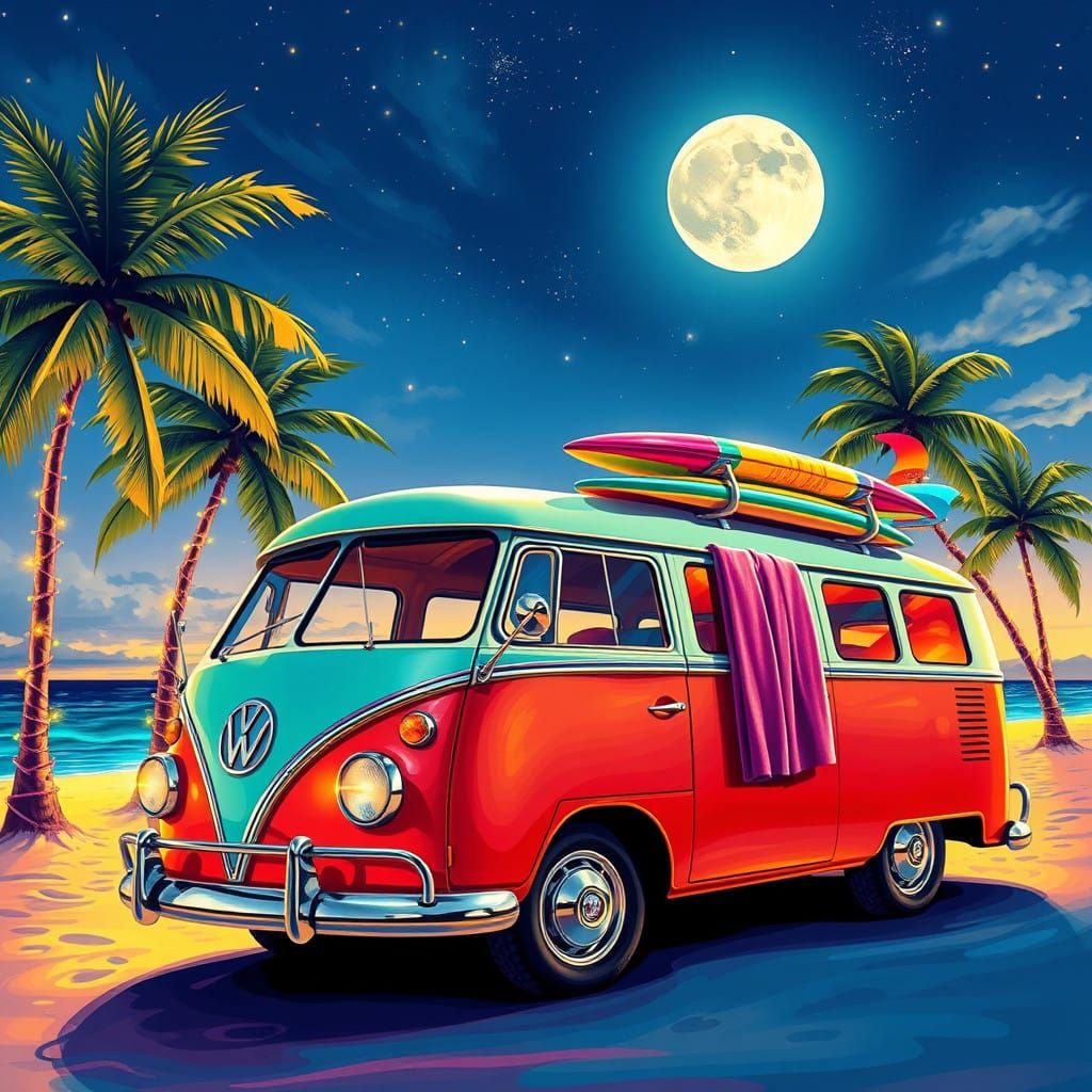 Retro-Futuristic Surf Bus on Sun-Kissed Beach at Sunset
