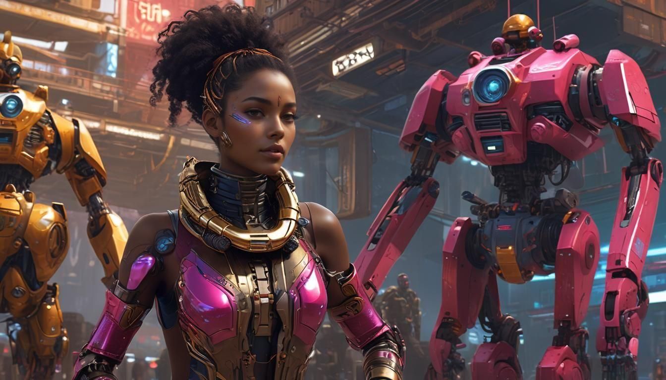 Futuristic Queen Rides Robot Bier: Fantasy Concept Art