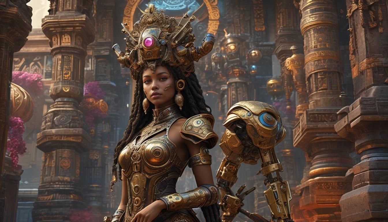 Futuristic Queen Rides Robotic Bier: Fantasy Art