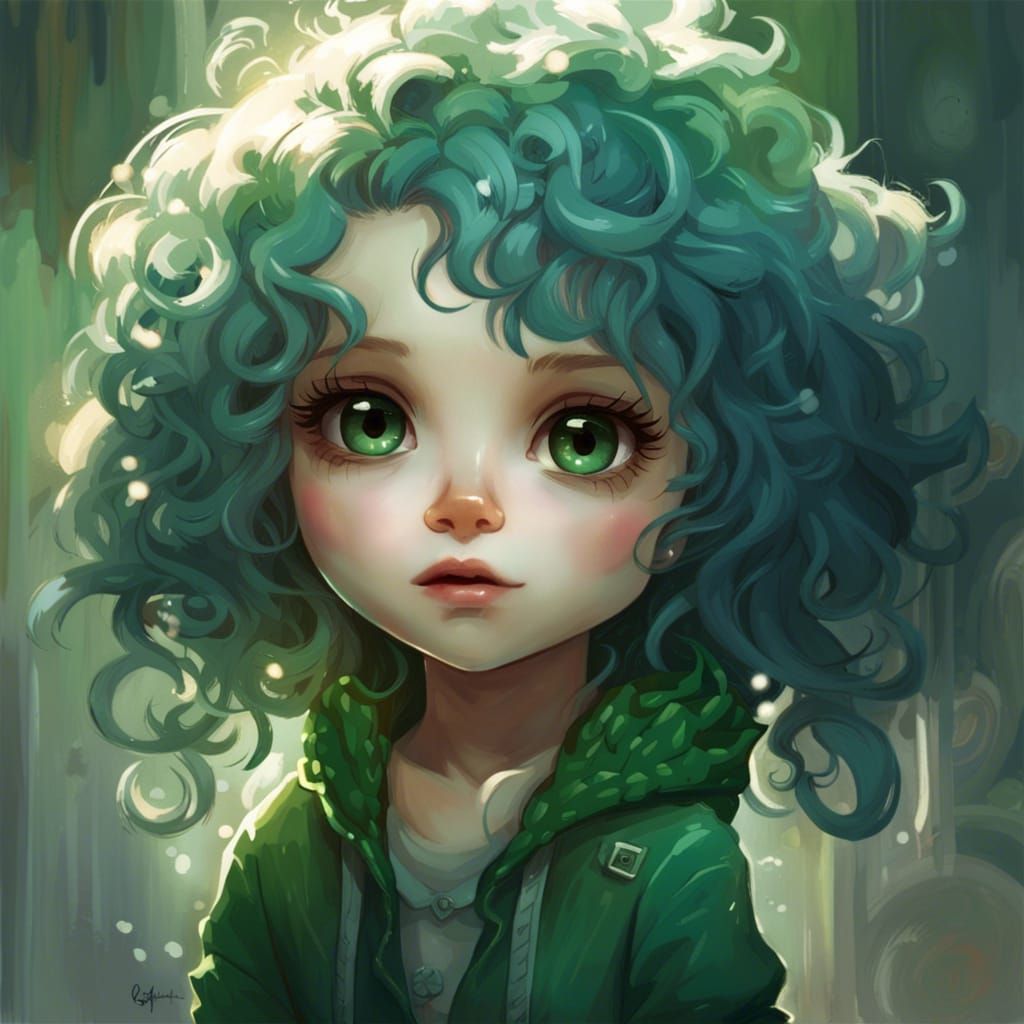 Chibi Girl with Blue Hair, 3D Digital Art