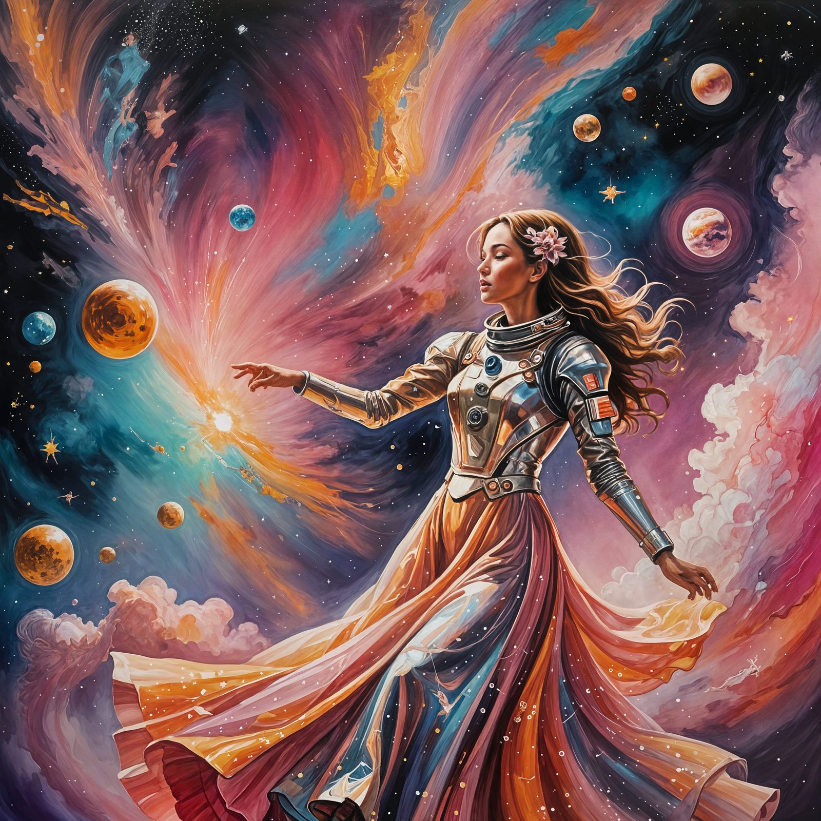 Trapeze Artist Reaches Astronaut in Acrylic Art