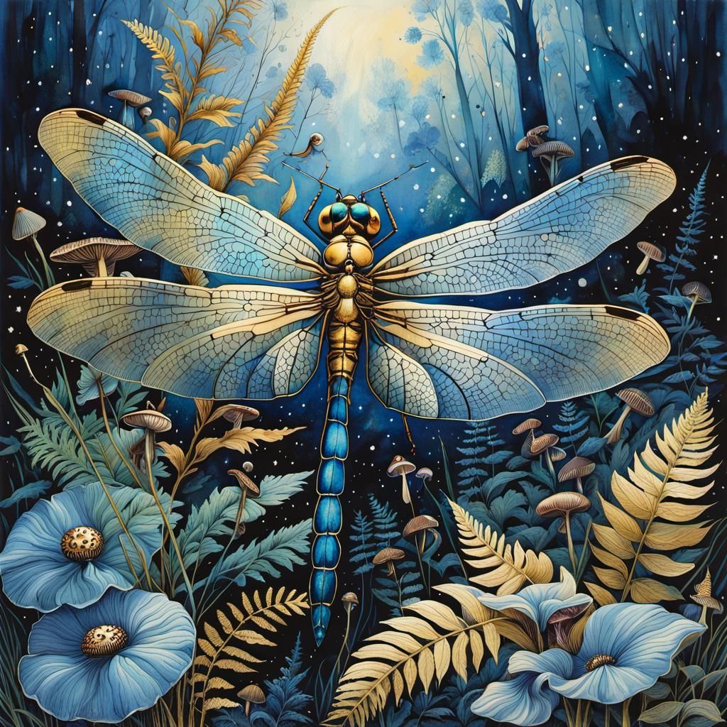 Gold and Blue Dragonfly with Botanical Forest
