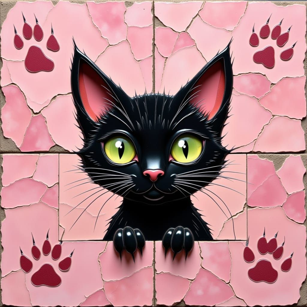Black Cat Mosaic Art Surrounded by Pink Tile Paw Prints