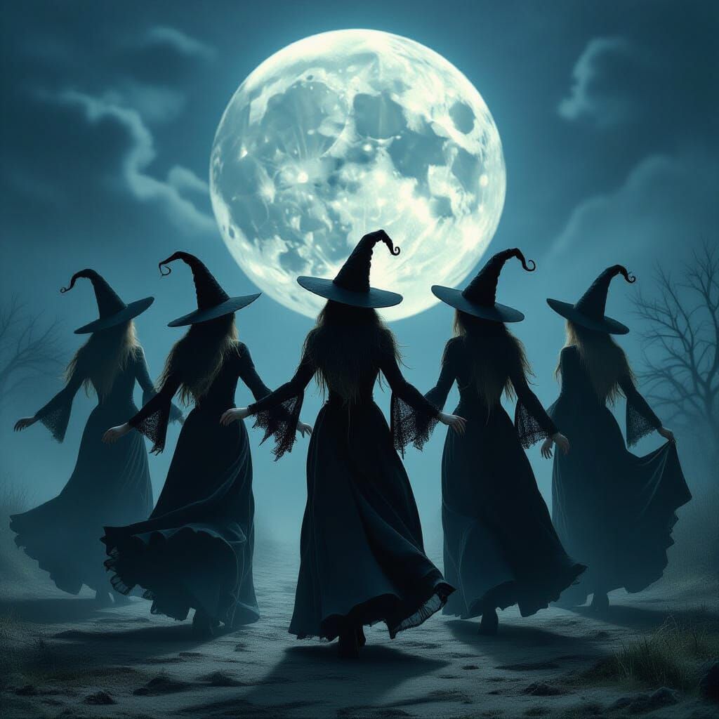 Witches Waltzing Under the Moon in Dark Whimsical Style