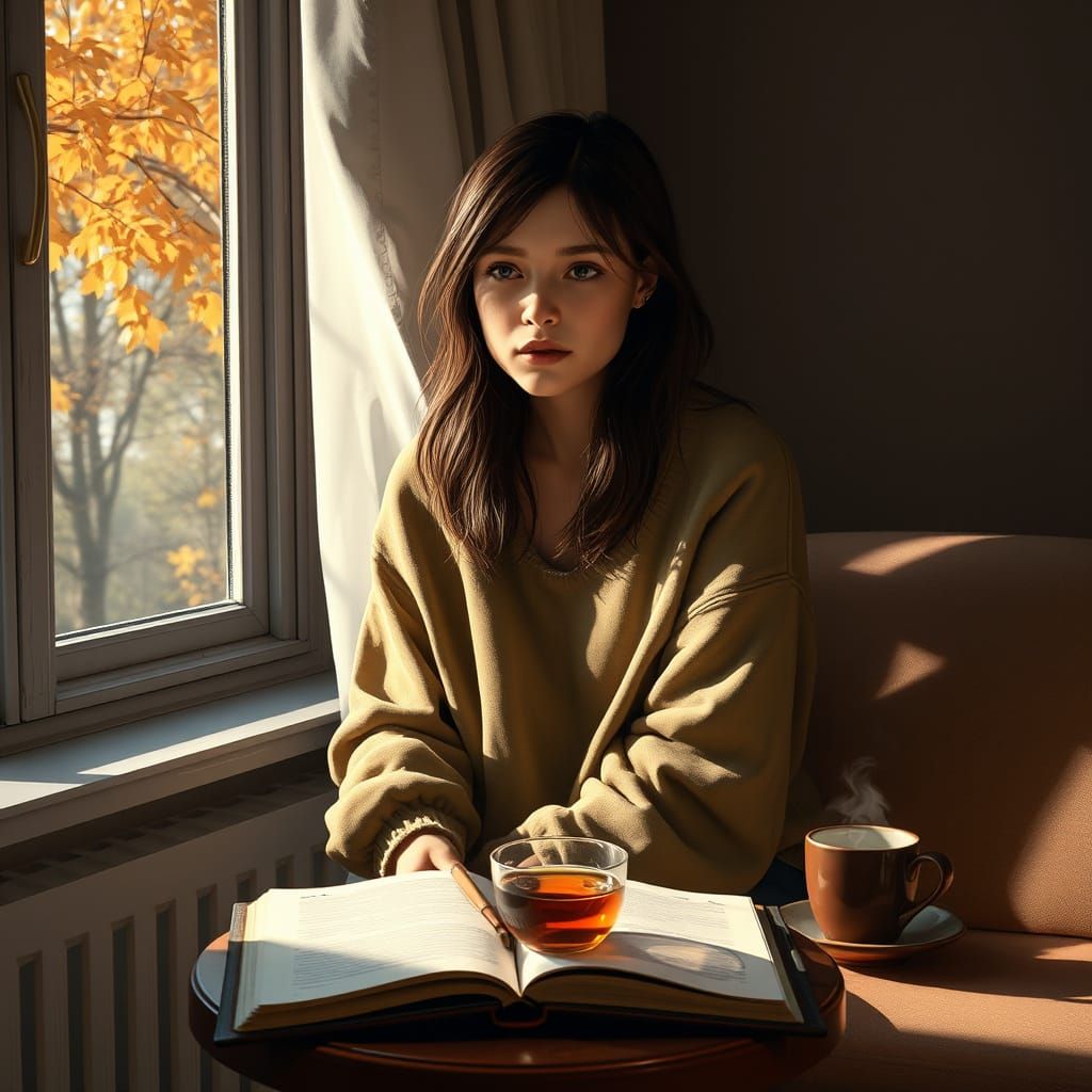 A young woman in her mid-20s sitting alone in a softly lit room during an autumn afternoon. She has a distant, melanchol...