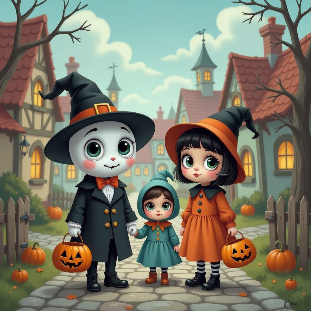 Big-Eyed Children Trick-or-Treating in Quaint Village