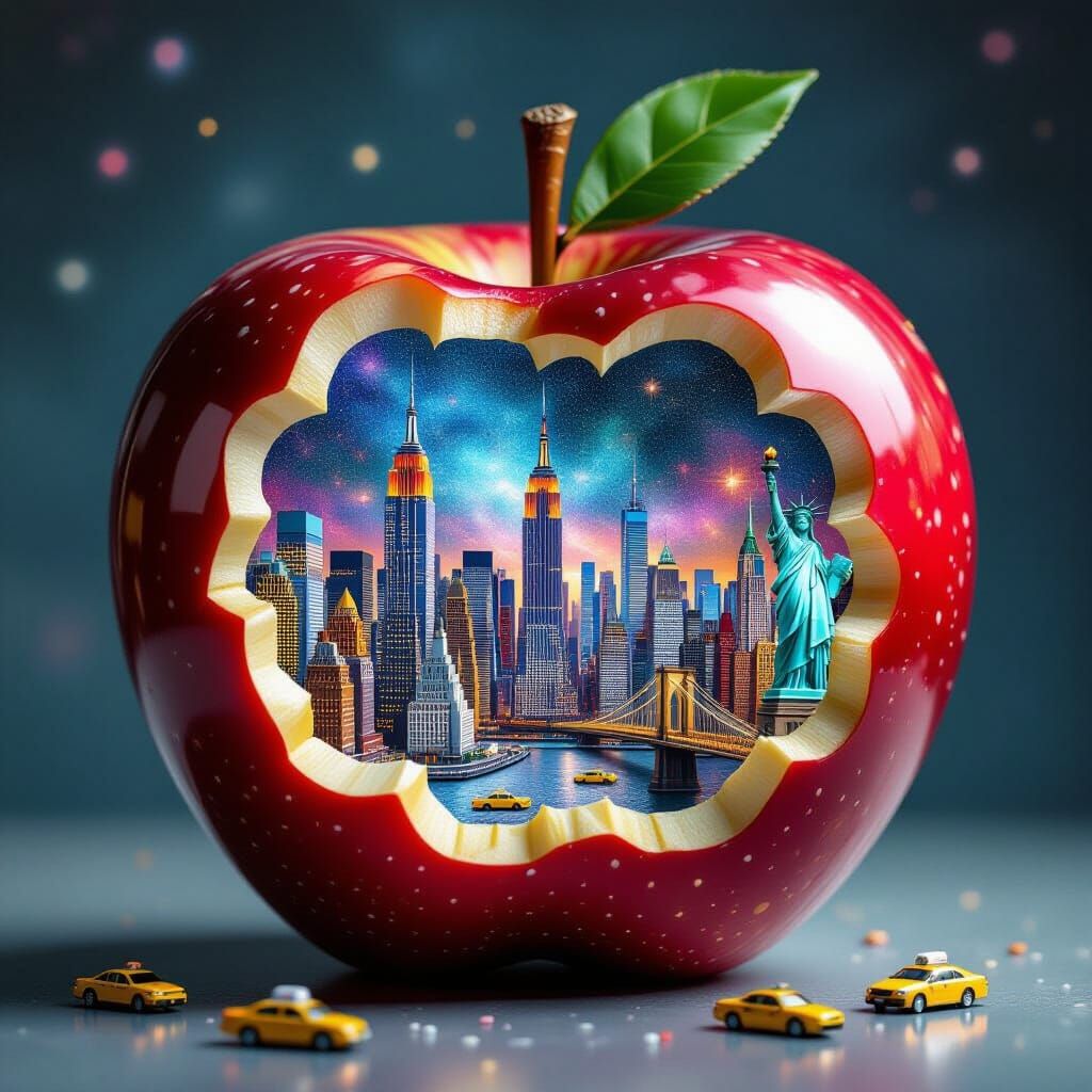 Miniature City Inside Apple, Cosmic Illustration