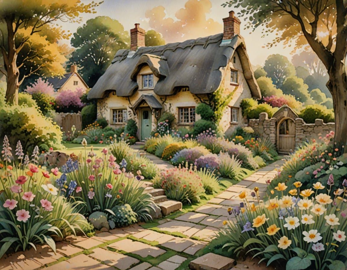 English Cottage Watercolor Painting with Lush Garden