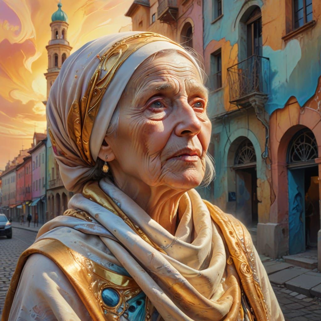 Surreal Elderly Woman in Urban Dreamscape