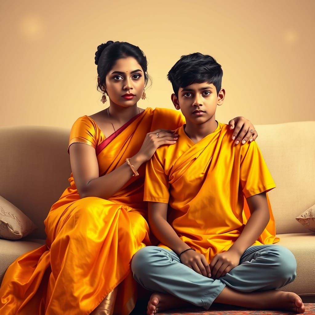 Indian Woman Admonishing Son in Realistic Digital Painting