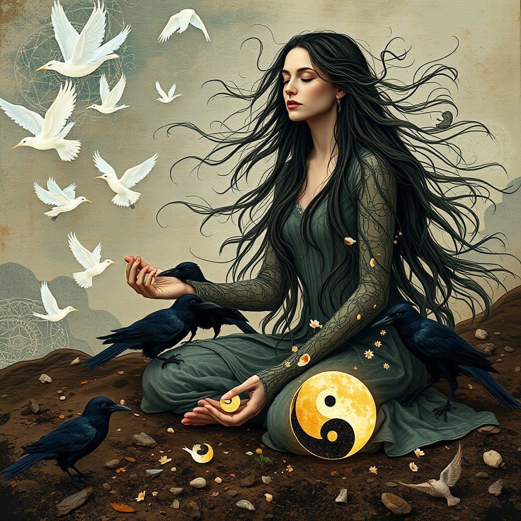 Woman Gathering Shards with Mythical Creatures