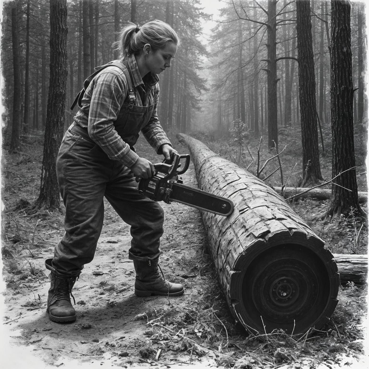 Woman Felling Tree in Forest, Charcoal Drawing Style