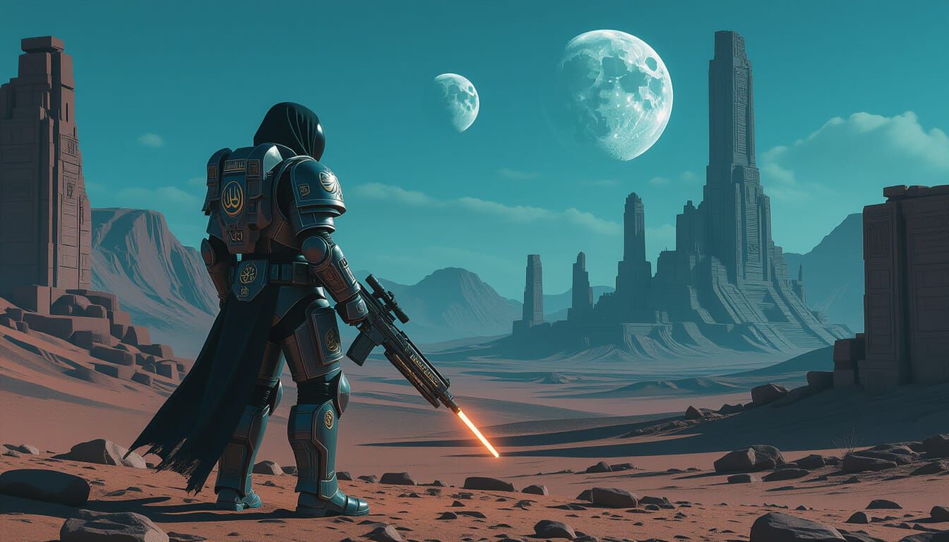 Muslim Space Marine on Alien Planet in Photorealistic Style