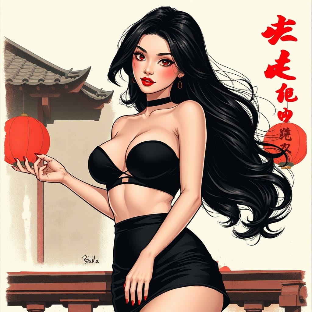 Asian Femme Fatale in Fishnets, Yamato Yamamoto Style