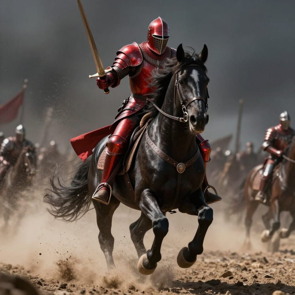 Crimson Knight Charging Forward in Hyperrealistic Style