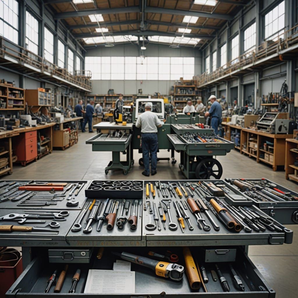 Industrial Workshop Scene with High-End Tools and Aircraft A...