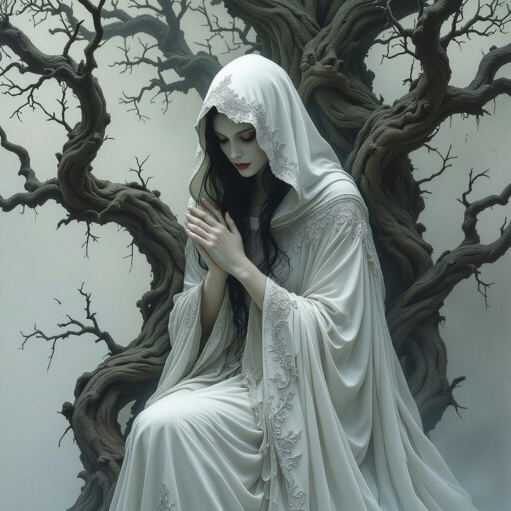 Mystical Fairy Figure in Twisted Tree Landscape