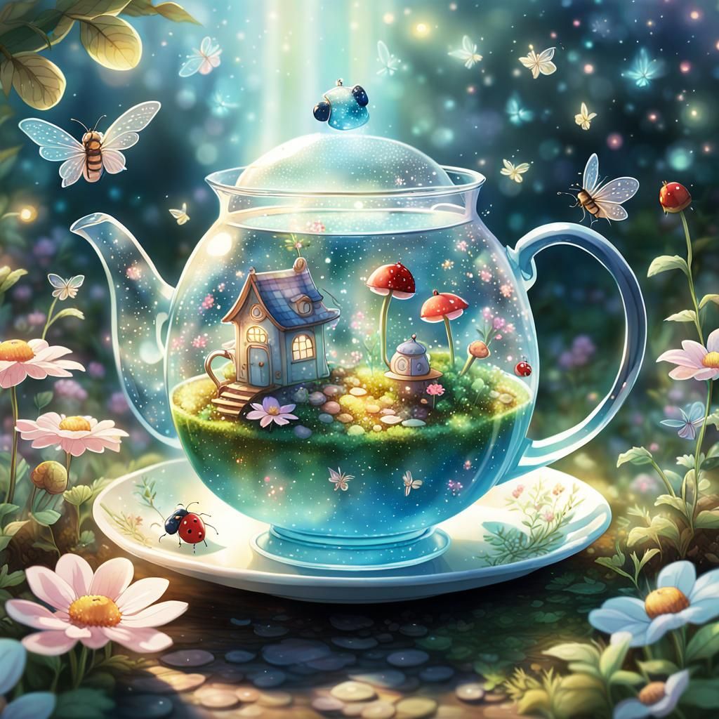Enchanting Teacup Garden with Fairies in Anime Style