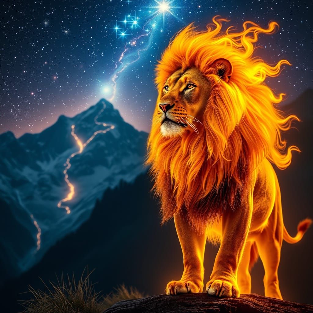 Golden Flame Lion Under Starry Mountain Cascade