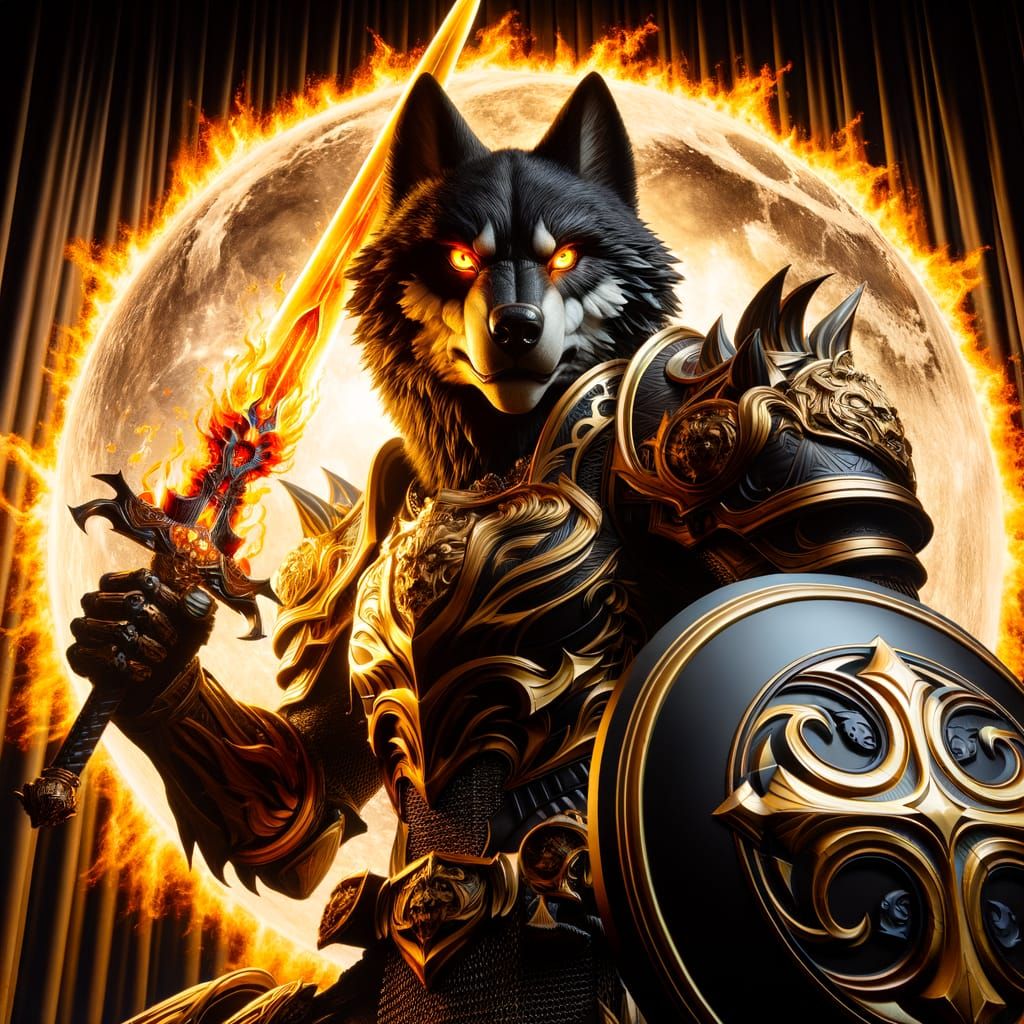 Majestic Black Wolf in Golden Armor with Flaming Sword and S...