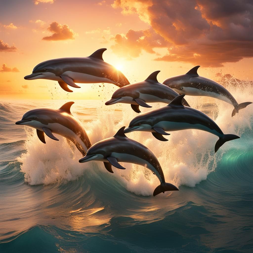 Dolphins Leaping with Surfer at Sunset