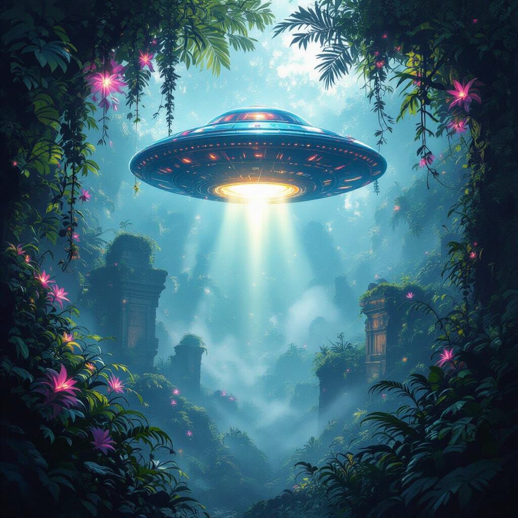 Magical UFO Over Alien Jungle Canopy with Bioluminescent Flo...