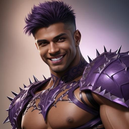 Hyperrealistic Portrait of a Smiling Purple-Eyed Man