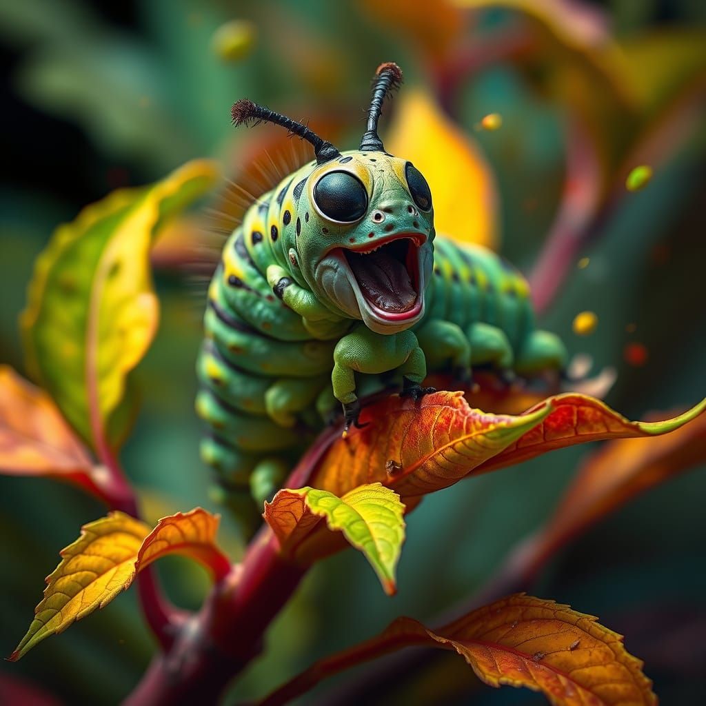 Excited Caterpillar on Lush Plant, Hyperrealistic Style