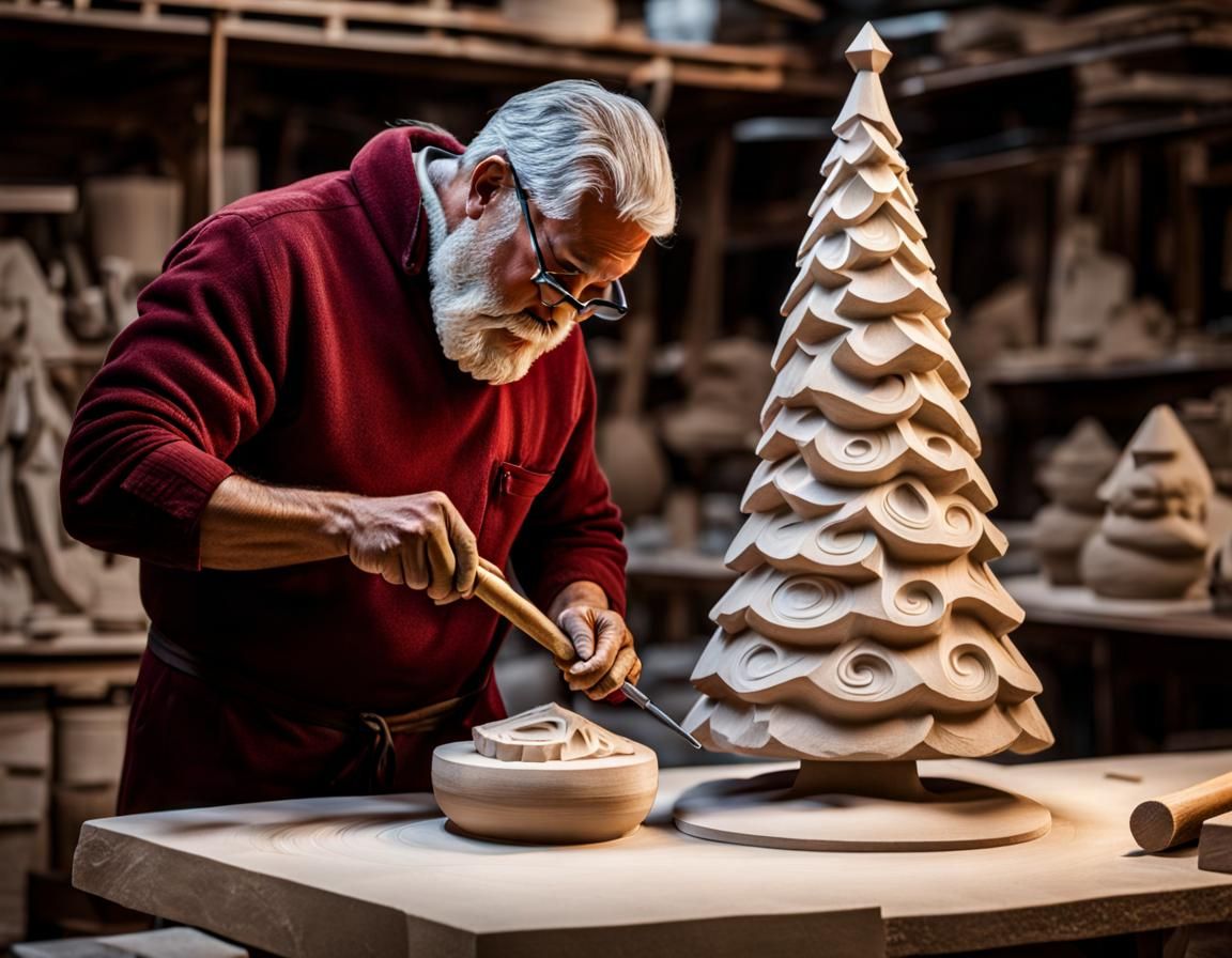Stone Carver Creates Christmas Tree Sculpture